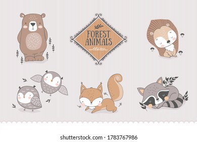 Cartoon forest characters collection. Animal cute baby owl, fox, bear, raccoon, hedgehog. Doodle stickers. Hand drawn shirt print design vector illustration.