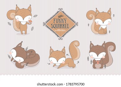 Cartoon forest characters. Collection of baby squirrels in different poses. Autumn Doodle stickers. Hand drawn shirt print design vector illustration.