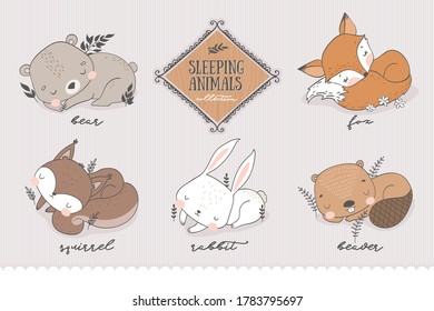 Cartoon Forest Characters Collection. Sleeping Animal Cute Baby Teddy Bear, Fox, Squirrel, Bunny, Beaver. Doodle Stickers. Hand Drawn Shirt Print Design Vector Illustration.
