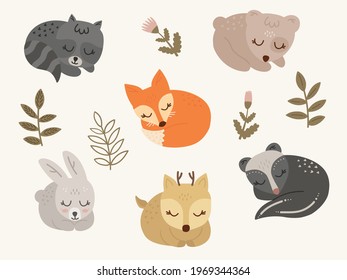 Cartoon forest characters collection. Sleeping Animal cute baby teddy bear, fox, deer, bunny, raccoon, badger. Cute Doodle stickers. Hand drawn shirt print design vector illustration.