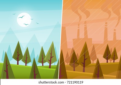 Cartoon Forest: Clean and Polluted by Factory. Vector Illustration
