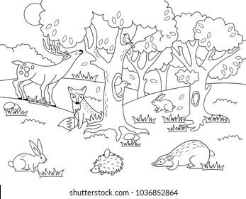 Cartoon forest coloring vector illustration. Black and white image.