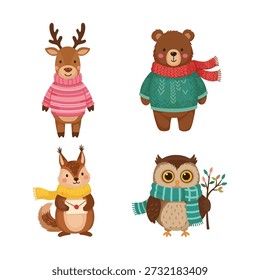Cartoon forest creatures wearing sweaters and scarves set