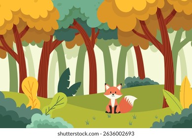 Cartoon Forest with Cute Foxes Hiding Behind Trees