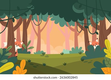 Cartoon Forest with Cute Foxes Hiding Behind Trees