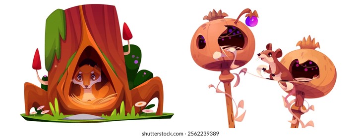 Cartoon forest dwellings - cute fox in tree hole home, mouse in dry seed pod houses. Magical nature scene - wildlife homes with glowing details, grass, decorative mushrooms for fairytale landscape.