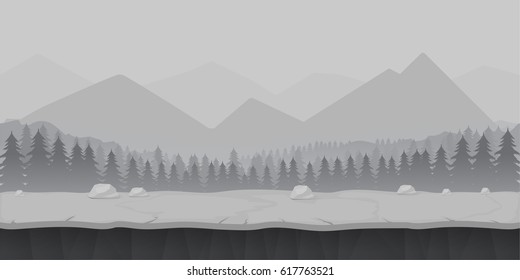 Cartoon forest game background landscape. Vector illustration.