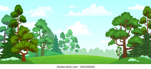 Cartoon forest glade. Green grassland, natural thriving forest field landscape and summer sky with clouds. Woodland scene, forests glade or fantasy wallpaper vector background illustration