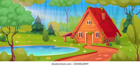 Cartoon forest hut. Forester shack, wooden cabin bungalow chalet village in jungle nature timber wood house lodge fairytale cottage game trees background swanky vector illustration original artwork