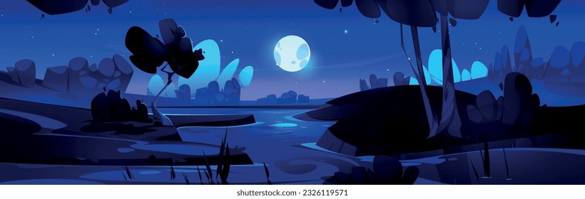 Cartoon forest with lake at night vector background. Beautiful nature woods and pond landscape for fantasy outdoor game environment illustration. Swamp in valley with hill under full moon in sky