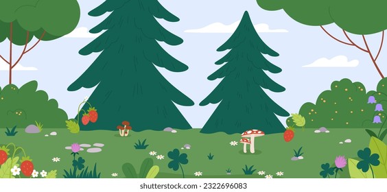 Cartoon forest landscape. Berries, mushrooms and stones on meadow, summer nature background. Woodland seasonal scene, vector graphic