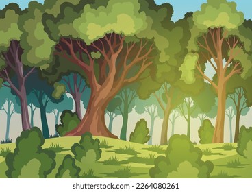 Cartoon forest landscape with deciduous trees, grass, bushes and sunlight spots on ground. Daytime scenery summer or spring, natural scene. Cartoon strong tree trunks. Vector wild flora