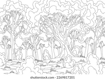 Paisaje forestal de dibujos animados con árboles caducifolios, hierba, arbustos coloridos. Escenario de verano o primavera, escenario natural. Caricatura con troncos de árbol fuertes. Flora salvaje vectorial