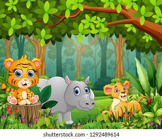 Cartoon of the forest landscape with different animals