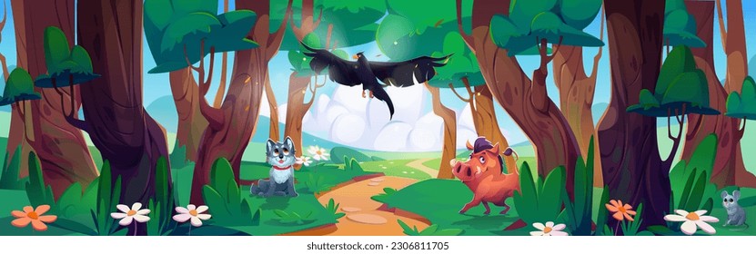 Cartoon Waldlandschaft mit glücklichen wilden Tieren. Vektorgrafik von süßem Wolf, Eber, Maus und Krähen im Sommerholz mit Fußweg zwischen alten Bäumen, grünem Gras und Blumen unter blauem Himmel