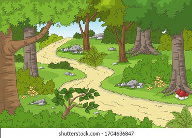 Cartoon Forest Landscape With Hiking Trail. Hand Drawn Vector Illustration With Separate Layers.