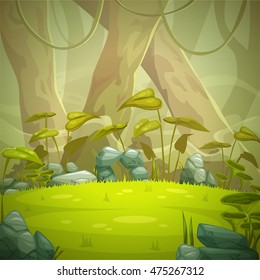 Cartoon forest landscape, jungle vector illustration with trees, grass, plants and stones. Square nature background.