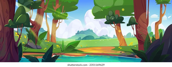 Cartoon forest landscape with lake between trees. Vector illustration of beautiful natural background, summer valley with green grass and colorful flowers, footpath and stones near water, sunny sky