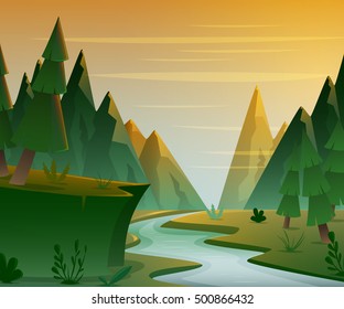 Cartoon Forest Landscape With Mountains, River And Fir-trees. Sunset Or Sunrise Scenery Background. Vector Illustration.