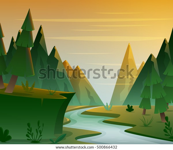 山 川 モミの木を含む漫画の森の風景 日没または日の出の背景 ベクターイラスト のベクター画像素材 ロイヤリティフリー