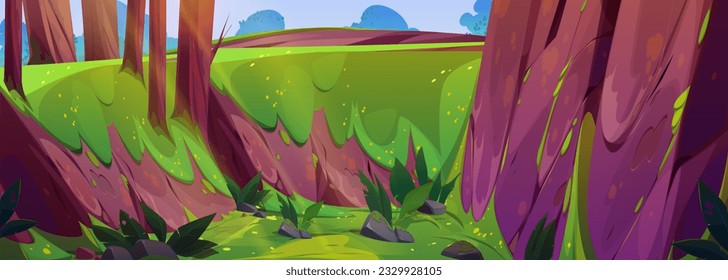 Cartoon forest landscape with old trees and steep hill slope. Vector cartoon illustration of rainforest background, tropical plants, green moss and flowers in mountain valley, woodland footpath
