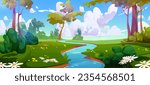 Cartoon forest landscape with river flowing between green banks with trees, bushes, grass and flowers over sky with clouds. Vector illustration of summer or spring natural scene with water stream.