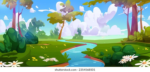 Cartoon forest landscape with river flowing between green banks with trees, bushes, grass and flowers over sky with clouds. Vector illustration of summer or spring natural scene with water stream.