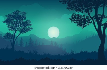 Cartoon forest landscape with sky and moon in dusk scene illustration