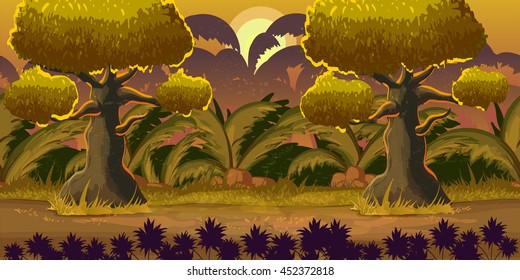 cartoon forest landscape, vector unending background with ground, bushes, trees and sky, layers, 1024x512