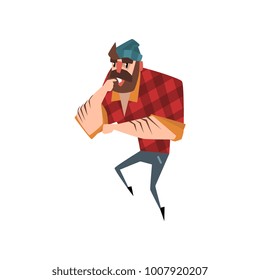 Cartoon forest man standing and thinking. Strong bearded lumberjack. Woodcutter dressed in red checkered shirt, blue jeans and hat. Colorful flat vector design