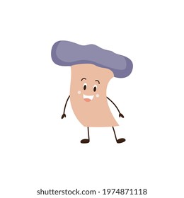 Cartoon forest mushroom, fun character with emotional smiling face. Isolated icon for autumn season or kids design. Flat vector illustration on white background
