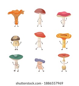 Cartoon forest mushrooms. Banner with collection of woodland funguses with different emotion on faces. Autumn nature harvest. Flat vector illustrations isolated on white.