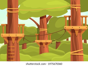 cartoon forest with outstretched ropes and platforms, vector illustration