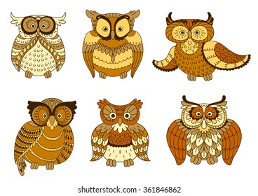 Cartoon forest owl birds with brown and yellow spotted plumage and big eyes. Cute mascot for Halloween, education emblem or t-shirt print design 