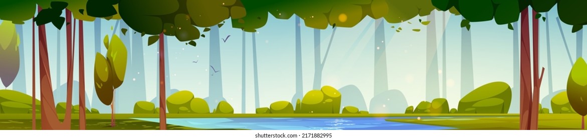 Cartoon forest panoramic background with clear lake under green trees with bushes around and falling sunshine. Wild nature landscape, beautiful scenery view, summer wood or park, Vector illustration