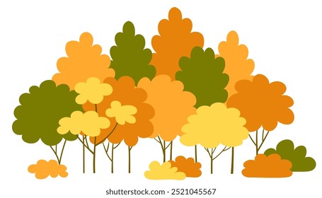 Cartoon forest and park trees in row. Forest autumn trees and bushes