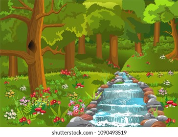 cartoon forest with a river passing through, with lots of flowers all around