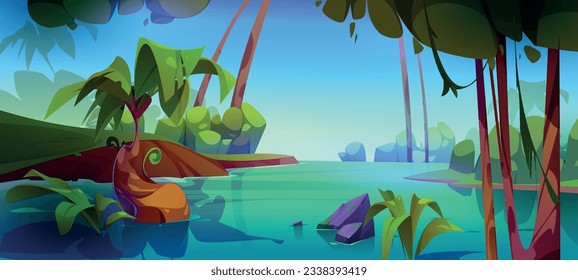 Cartoon forest river water scene vector background. Lake in jungle with palm tree, stone and bush tropical landscape illustration. Summer adventure fairytale drawing with amazon climate wallpaper