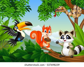 Cartoon  forest scene with different animals