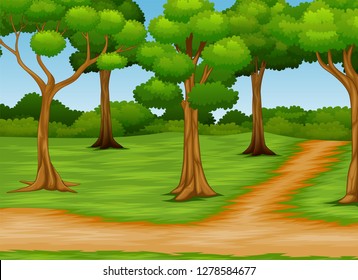 Cartoon of forest scene with dirt road