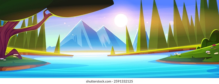 Cartoon forest scene with lake among trees, green grass on banks, distant mountain peaks under bright sun on blue clear sky. Stylized nature landscape for game background or children design.