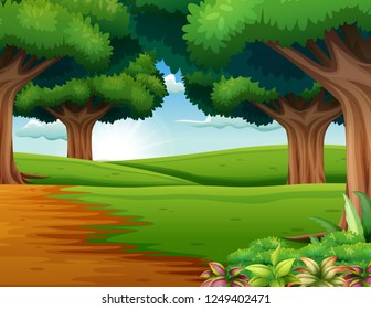 Cartoon of the forest scene with many trees