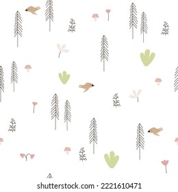 Cartoon forest seamless pattern. Simple childish print. Vector hand drawn illustration.