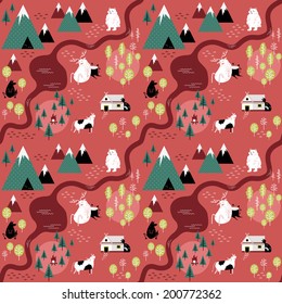 Cartoon forest - seamless vector pattern with trees and animals.
