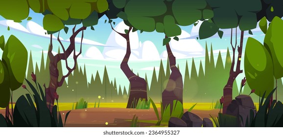 Cartoon forest tree ground landscape background. Green nature scenery for magic fairytale environment. Summer woods panorama with dirt road or meadow. Outdoor illustrated adventure mystic garden