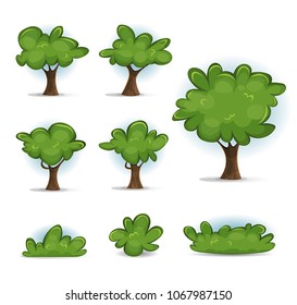 Cartoon Forest Trees, Bush And Hedges/
Illustration of a set of cartoon design spring or summer green forest trees and other plants and elements like foliage, bush and hedges