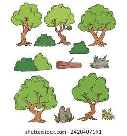 Bosques de dibujos animados, arbustos, setos y rocas. Ilustración de imágenes prediseñadas vectoriales con gradientes simples. Cada una en una capa independiente
