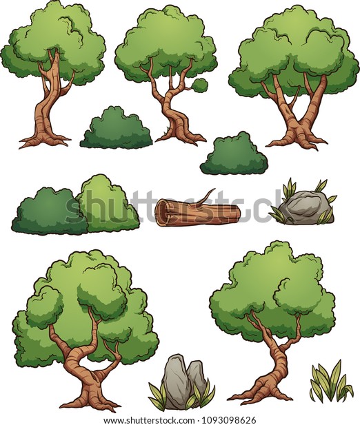 マンガの森の木 茂み 生け垣 岩 簡単なグラデーションを持つベクタークリップアートイラスト それぞれが別々の画層上にある のベクター画像素材 ロイヤリティフリー