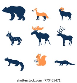 Cartoon forest vector animals. flat illustration, colorful fox, ram, sable, bear, cute elk, deer, lynx, squirrel, otter isolated on white backdrop, decorative symbols for design pattern, greeting card