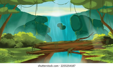 cartoon forest with waterfall backgraound for animation